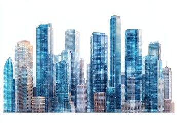 Obraz premium Vibrant Modern Cityscape with Skyscrapers Reflecting Light in Urban Setting, Showcasing Architecture and Contemporary Design Against Cloudless Sky