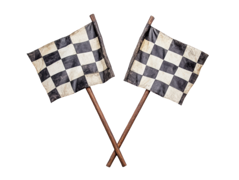 Isolated Two Vintage Checkered Flags on Wooden Poles
