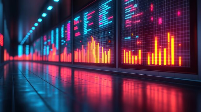 Futuristic data center corridor with glowing screens displaying graphs and code.
