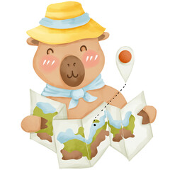 Capybara in camping theme, hand drawn watercolor