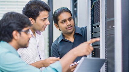 Tech Discussion in Progress – Indian IT professionals troubleshooting a technical issue in a server room.

