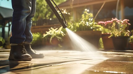 Obraz premium Garden hose spraying water to clean and refresh a patio area on a bright and sunny day in an outdoor home backyard setting