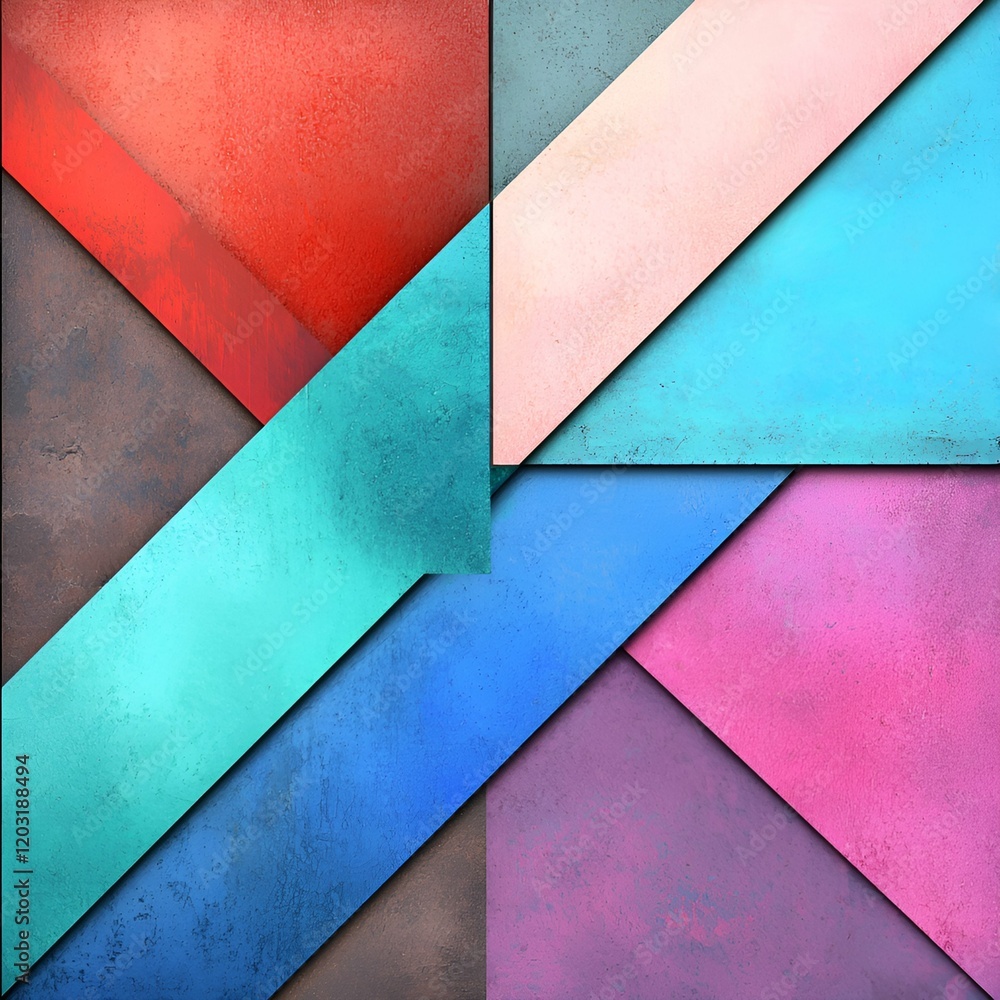 Poster colorful geometric abstract design with overlapping shapes and textures.