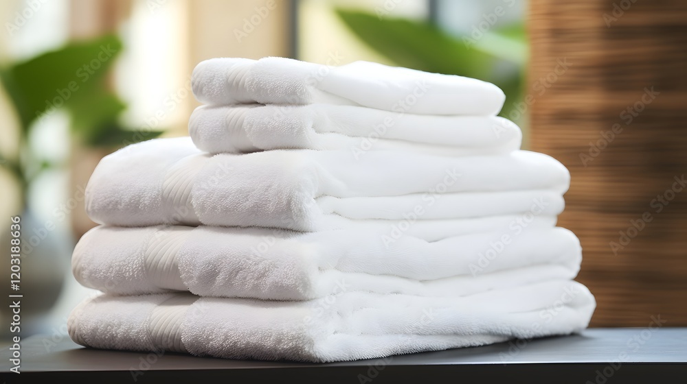 Poster neatly stacked and fluffy white towels arranged in a relaxing spa inspired interior design setting e
