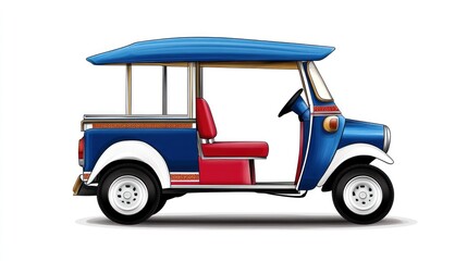 Traditional Thai tuk-tuk in blue, red, and white, drawn as a vector design with iconic one-front and two-rear wheel structure, on white background