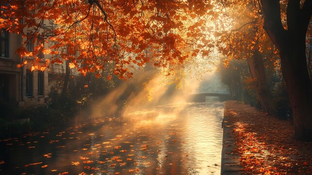 Golden autumn light bathes tranquil canal scene Warm hues paint misty waterway leaves gently drift. AI Generated