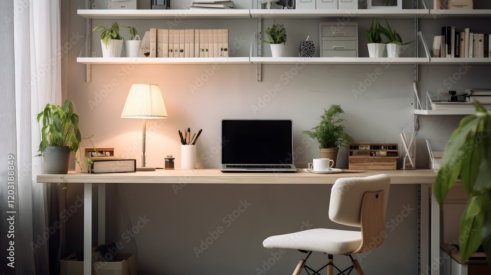Aufkleber clean and uncluttered workspace with laptop on desk promoting productivity and in a serene minimalis
