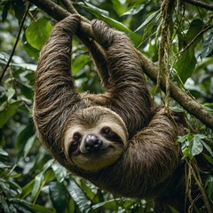 Fototapeta premium A sloth hanging lazily from a vine in a lush rainforest. 
