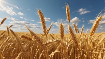Fototapeta premium Golden Wheat Field Under a Bright Blue Sky with Fluffy Clouds and Sunlit Grain Stalks in Sharp Detail