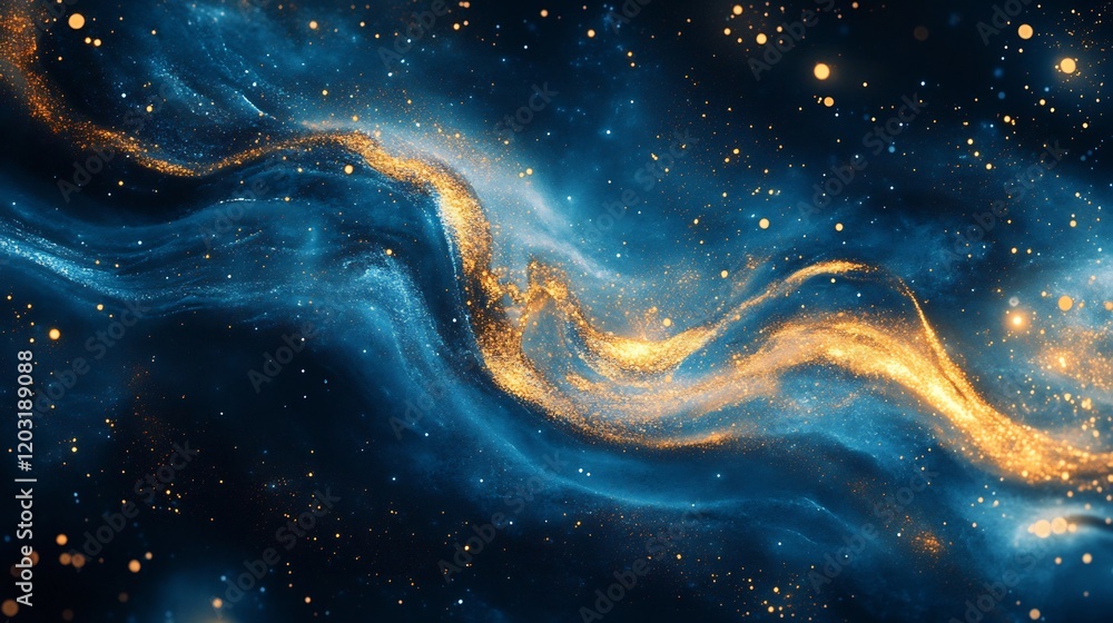 Poster captivating wallpaper design featuring an abstract swirl of blue and gold particles enhanced by a dy