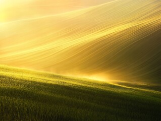 Obraz premium Golden Hour Landscape: Soft sunlight bathes gently sloping green hills creating a serene and peaceful atmosphere.. AI Generated