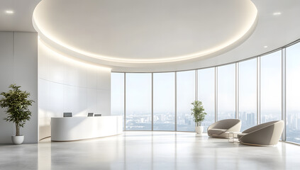 Minimalist Modern Interior with Curved Glass Wall and Scenic View