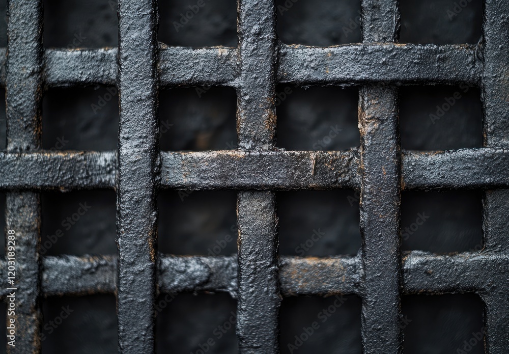 Poster close-up of a textured metal grill with intersecting bars creating a geometric pattern, highlighting