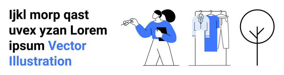 Woman pointing while holding a clipboard, various clothes hanging in a wardrobe, a minimalist tree drawing. Ideal for fashion, design, minimalism, presentation, education, creative tasks landing