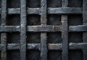 Close-up of a textured metal grill with intersecting bars creating a geometric pattern, highlighting the industrial design and rustic elements in a detailed format