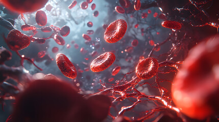 Close-up of red blood cells flowing through veins, captured in vibrant detail.