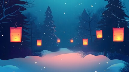 Naklejka premium Enchanting lantern festival in a snowy forest at night mystical and serene atmosphere digital artwork