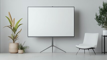 Modern minimalist room with a blank screen, stylish chair, and potted plants, perfect for presentations or relaxation.
