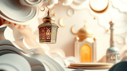 3D rendering of a modern Islamic holiday background. materials create texture and motion. The scene includes an ornate Arabic lantern