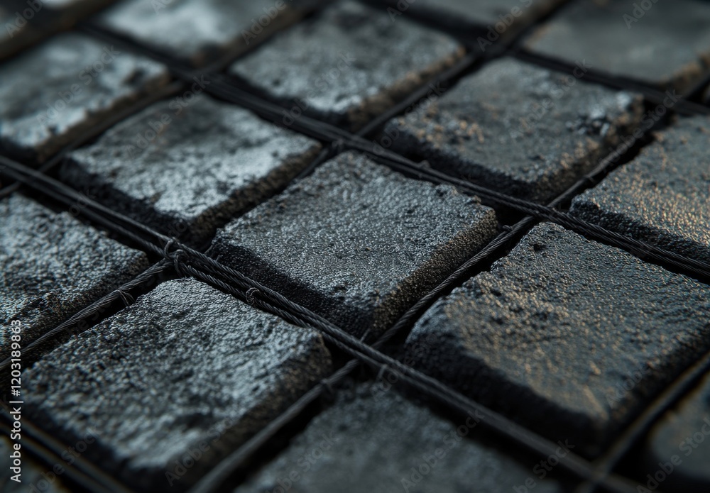 Poster close-up view of square black textured stones arranged in a grid pattern with subtle shading and sha