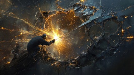 Welder repairing heavy machinery, focused on welding a cracked metal surface with sparks flying