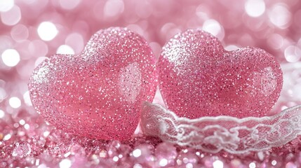 Obraz premium Pink glitter hearts, lace, bokeh background; Valentine's Day card