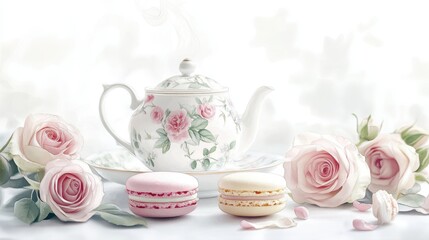 Fototapeta premium Watercolor illustration of British afternoon tea,tea break in the English style,tea set with Afternoon tea stand with macaroons and scone,cake,cup of tea,Tea time dessert table,vintage style.
