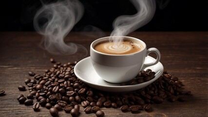 Fototapeta premium Rich Aromatic Coffee in White Cup with Saucer and Spoon Amid Coffee Beans and Warm Lighting Ambiance