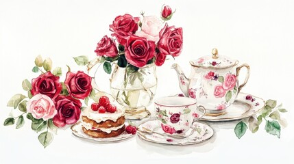 Watercolor illustration of British afternoon tea,tea break in the English style,tea set with Afternoon tea stand with macaroons and scone,cake,cup of tea,Tea time dessert table,vintage style.