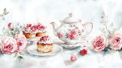 Fototapeta premium Watercolor illustration of British afternoon tea,tea break in the English style,tea set with Afternoon tea stand with macaroons and scone,cake,cup of tea,Tea time dessert table,vintage style.
