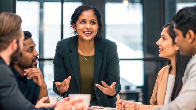 Inclusive Leadership Scene – An Indian female manager leading a team meeting.

