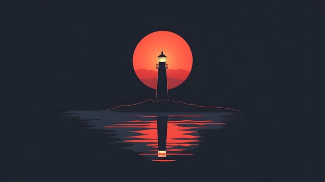 Sunset reflection over lighthouse coastal landscape digital art tranquil environment serene viewpoint