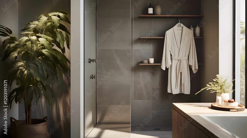 Poster elegant and minimalist bathroom design with clean tiles and a folded robe creating a relaxing and sp