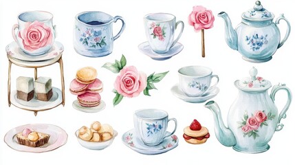 Watercolor illustration of British afternoon tea,tea break in the English style,tea set with Afternoon tea stand with macaroons and scone,cake,cup of tea,Tea time dessert table,vintage style.