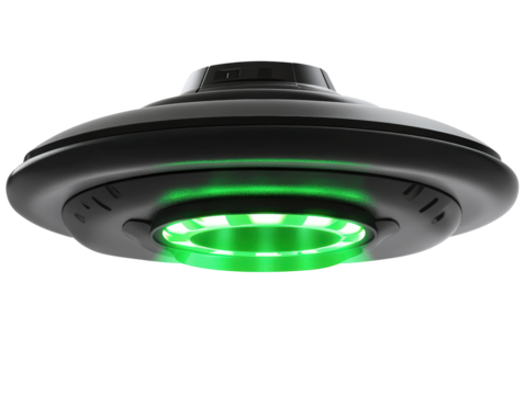 Isolated Black UFO with Green Light Beam