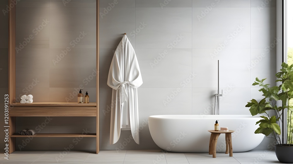 Poster a modern minimalist bathroom with clean contemporary tile design and a folded robe on display creati