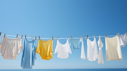Fresh clean white linens and towels hanging on a clothesline under a bright sunny blue sky in a peaceful rural setting  The image evokes a sense of domestic chores household tasks