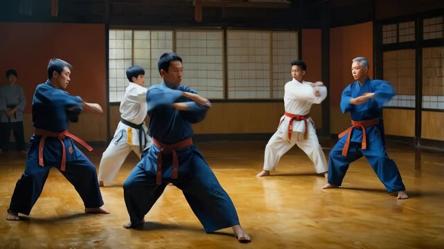 A masterful Sensei in a martial art dojo, surrounded by his students