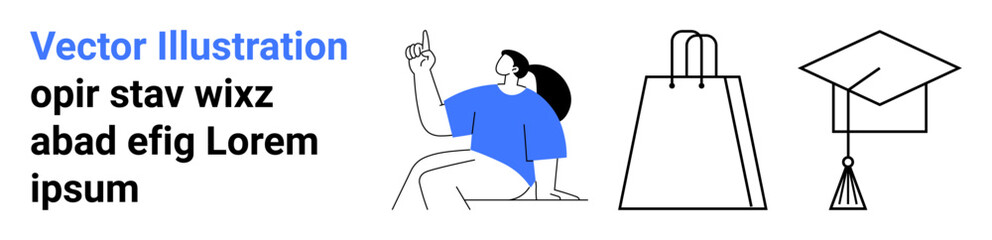 Man with raised index finger in thought. Shopping bag and graduation cap next to him symbolizing concepts and shopping. Ideal for business, education, e-commerce, brainstorming, knowledge, learning