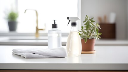 Spray bottle and cleaning cloth placed on a crisp white countertop ready for household cleaning and disinfecting tasks  Minimalist organized setup for domestic hygiene and maintenance