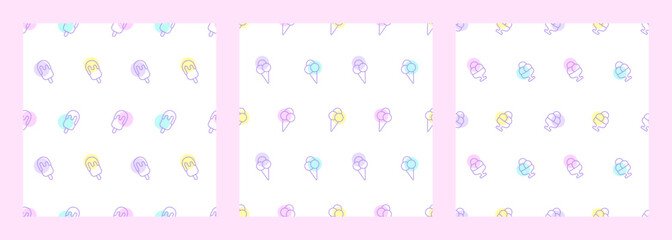 Set of Summer Seamless Patterns with Ice Cream in Retro Style. Ice Spotted pattern with ice cream. Collection of backgrounds with sorbet, gelato, popsicle. Bright children's patterns with sweets.