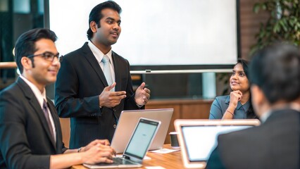 Sales Pitch Presentation – Indian professionals delivering a pitch to potential clients in a formal setting.
