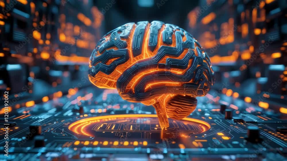 Poster a highly detailed, futuristic brain with intricate circuit patterns and glowing orange lights above 