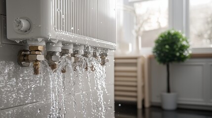 Burst radiator leaking water in a room, symbolizing urgent plumbing repair needs.