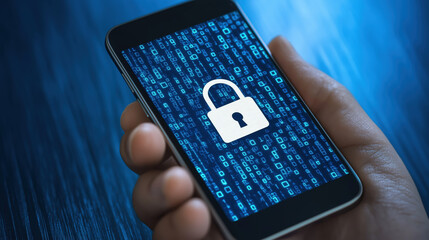 hand holding smartphone displaying digital lock symbol on binary code background, representing security and technology