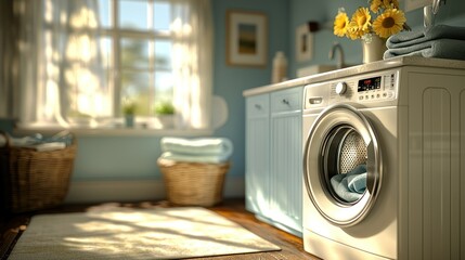 Laundry room with washer, clothes, sunny window, and cozy interior