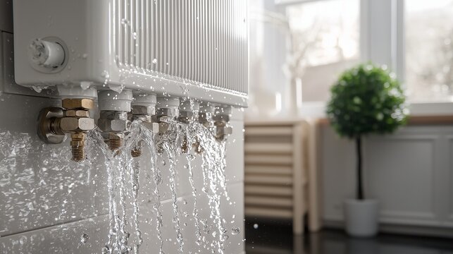 Burst radiator leaking water in a room, symbolizing urgent plumbing repair needs.