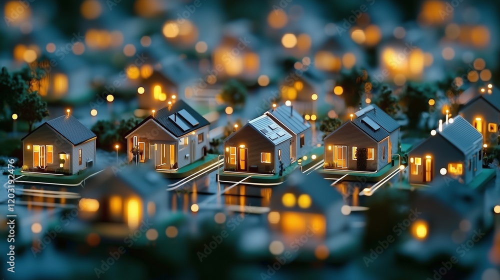 Poster tiny homes connected by glowing circuits symbolize iot integration and smart living.