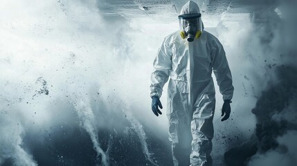 Fototapeta premium A professional in protective gear amidst fog, symbolizing thorough mold inspection and remediation.