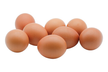 Fresh brown eggs arranged on a white surface. transparent background